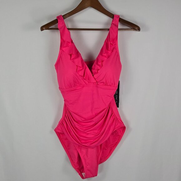 La Blanca Hot Pink One Piece Swimsuit 12 Ruffle V-Neck Ruched NWT - Picture 1 of 8